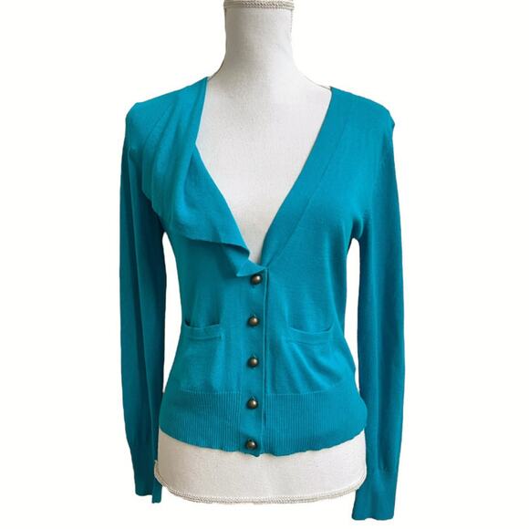 MOTH Anthropologie Cardigan Asymmetric Neck Long Slv Turquoise Blue Pockets Sz S - Picture 1 of 5
